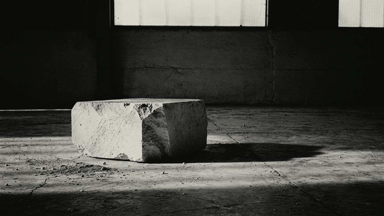 A single quarried stone block on the floor of an empty industrial hall.